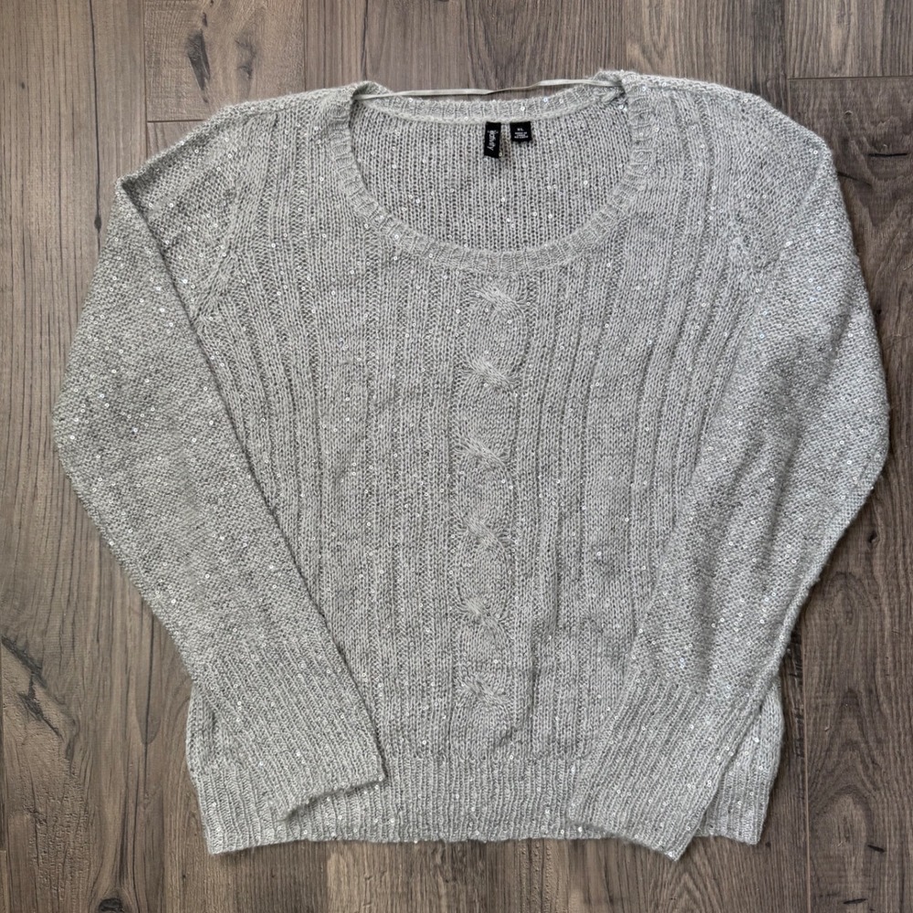 Relativity Women's XL Gray Sparkle Sequin Cable Knit Sweater Long Sleeve Top